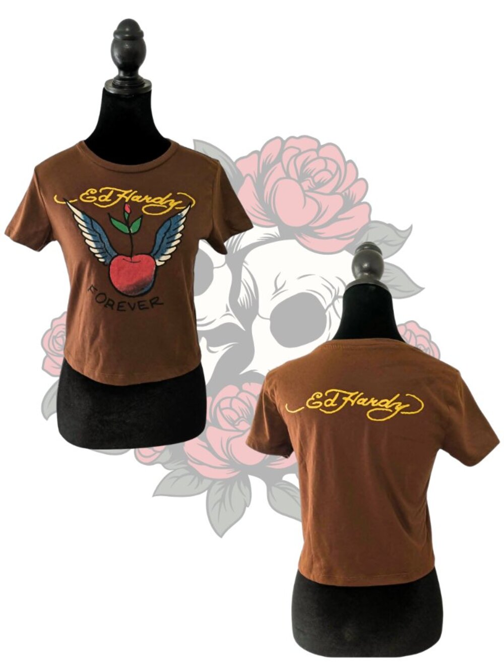 Ed Hardy Vintage Forever Winged Cherry Heart Baby Tee Y2K McBling Tattoo CropTop